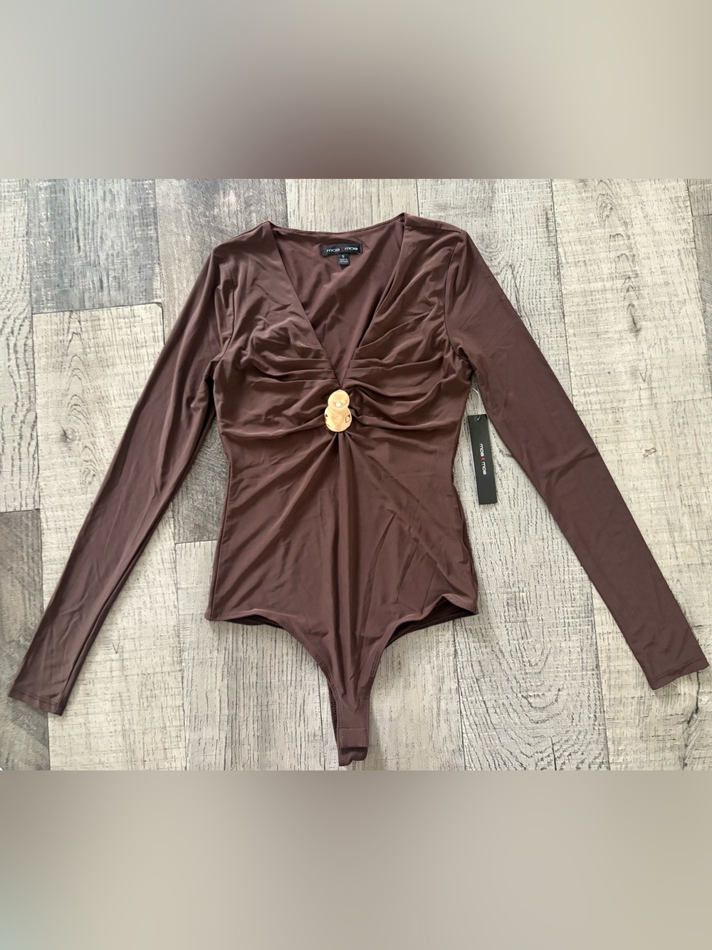 Moa Moa Chocolate Brown Long-Sleeve V-Neck Bodysuit with Front design 💓